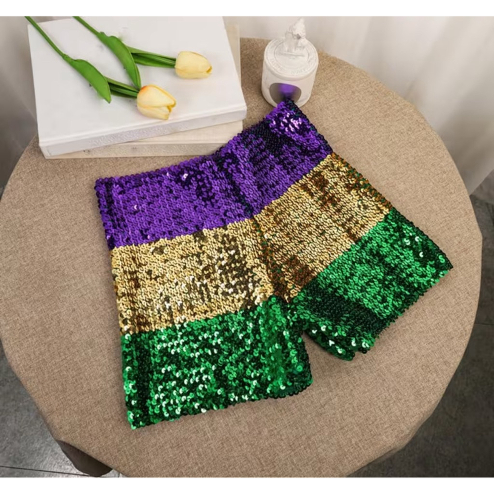 Sequin High Waist Shorts - Purple, Gold, Green - Picture 4 of 5